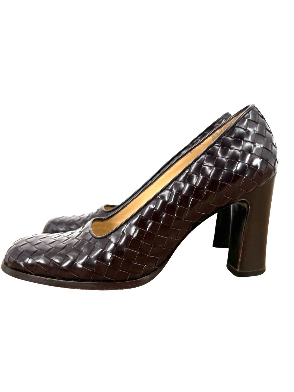 Bottega Veneta Vintage Chocolate Brown Intrecciato Leather Block Heels 8 Italy